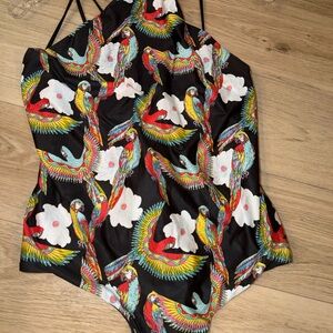 Women’s tropical Black One-Piece Swimsuit with Multicolor Parrot Print
